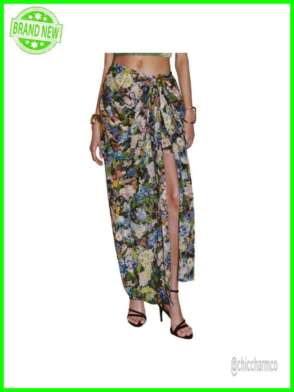 Boho Floral Print High Waist Maxi Skirt Side Slit Stretchy A-Line
